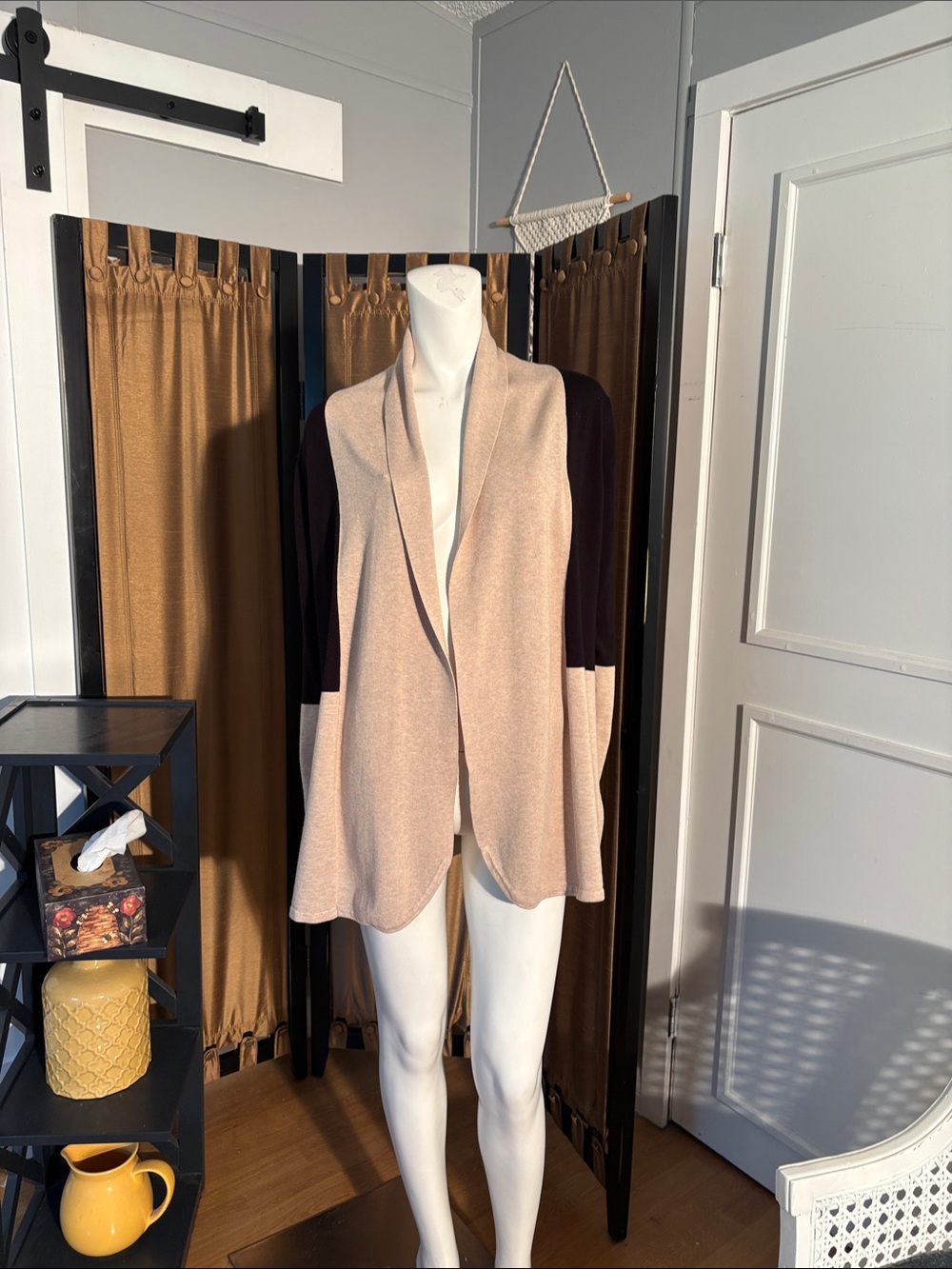 Colorblock Open Front Cardigan - Tan & Black
